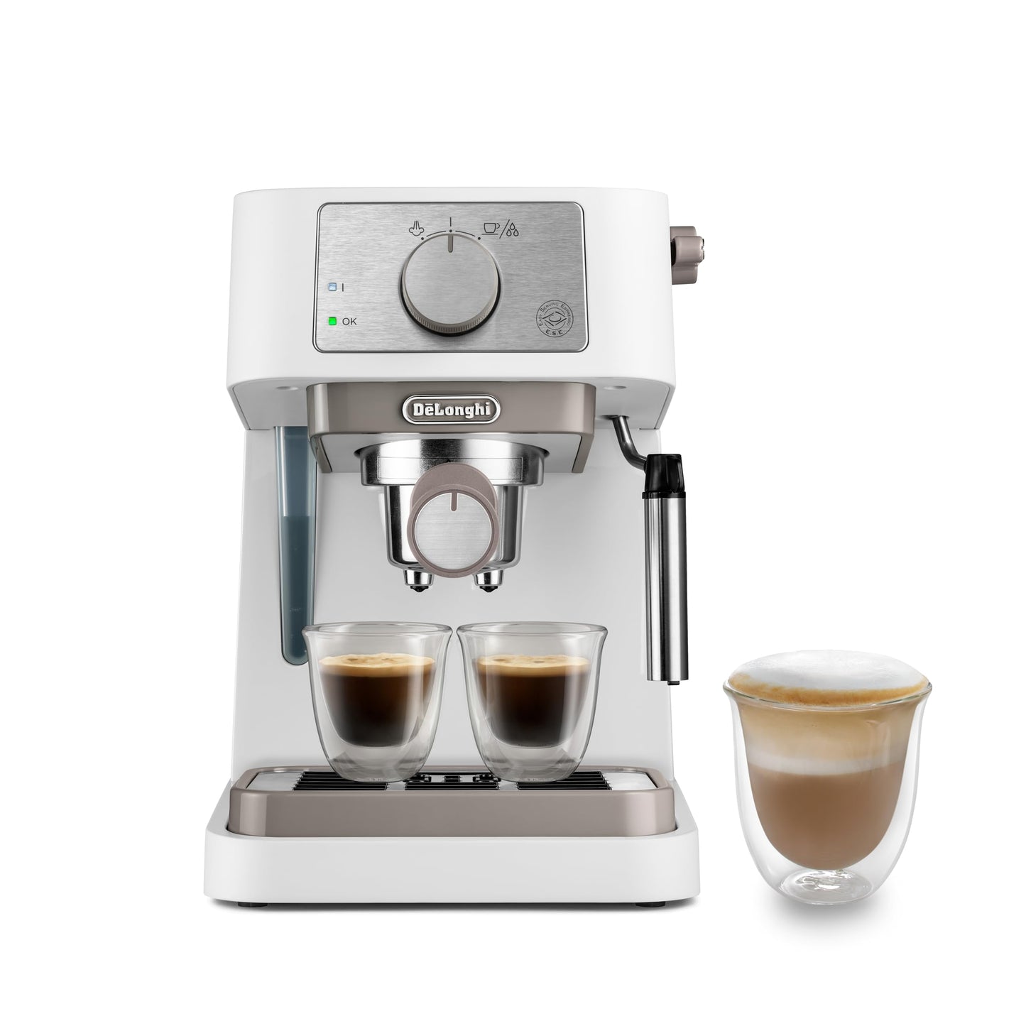 Premium manuelli Kaffimaschine Stilosa, 15 Bar Druck, Cappuccino-System, automatisches Abschalte, kompatibel mit ESE-Pads, 2 gstapleti Behälter, Fassigsvermöge 1 Liter, wiiss