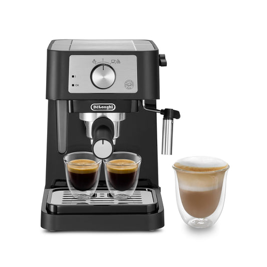 Premium Stilosa – Traditionelli Siebträgermaschine mit Mahntrommel, professionnelle Milchschäumer für Espressopulver oder ESE, Wasserbehälter mit 1 Liter, schwarz, 1100 W